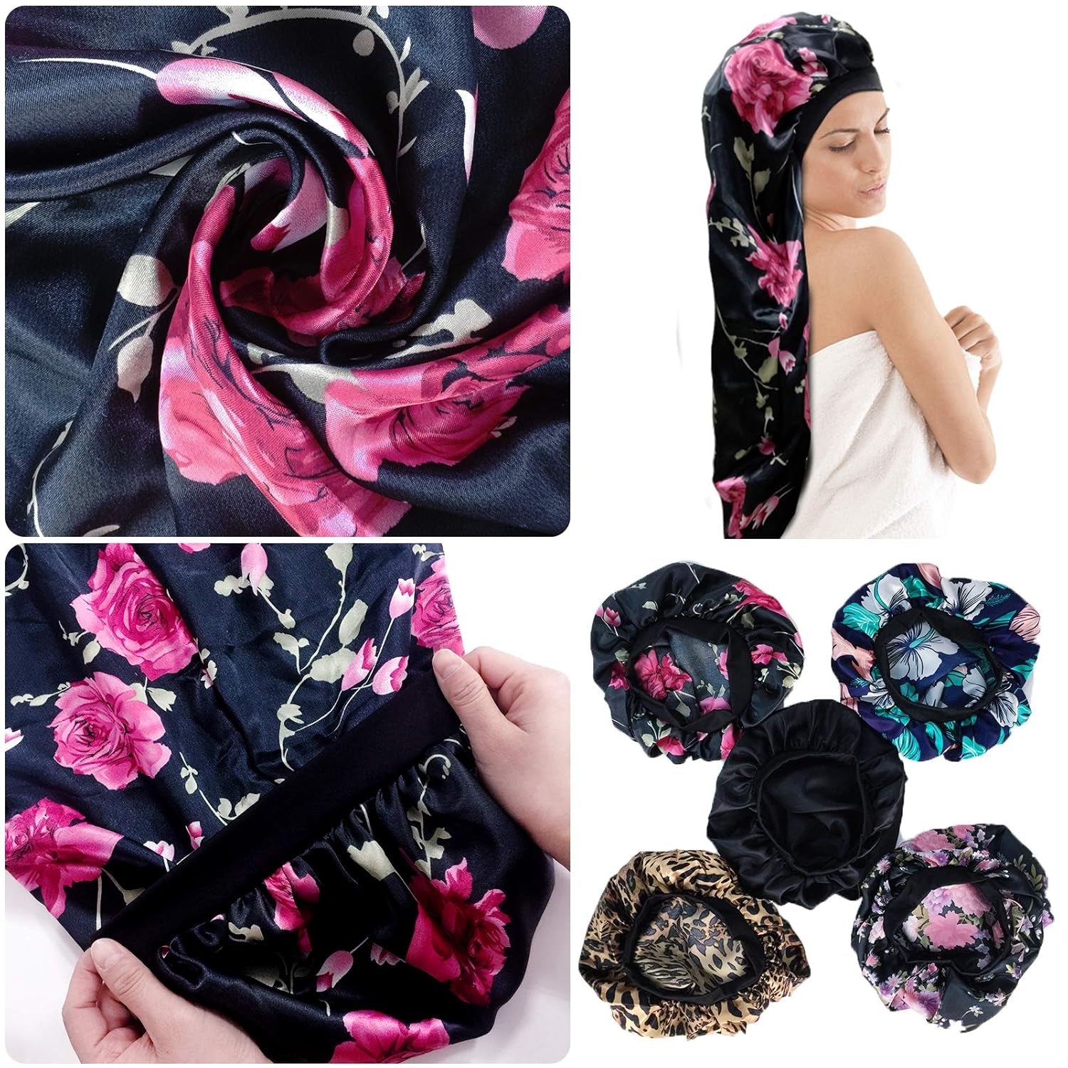 2Pcs Long Satin Bonnet Sleep Cap,Extra Large Braids Bonnets for Sleeping,Long Hair,Soft&Comfortable Elastic Band Bonnets for Women Night Sleep,Hair Bonnets for Women Satin (Black+Red Pattern)