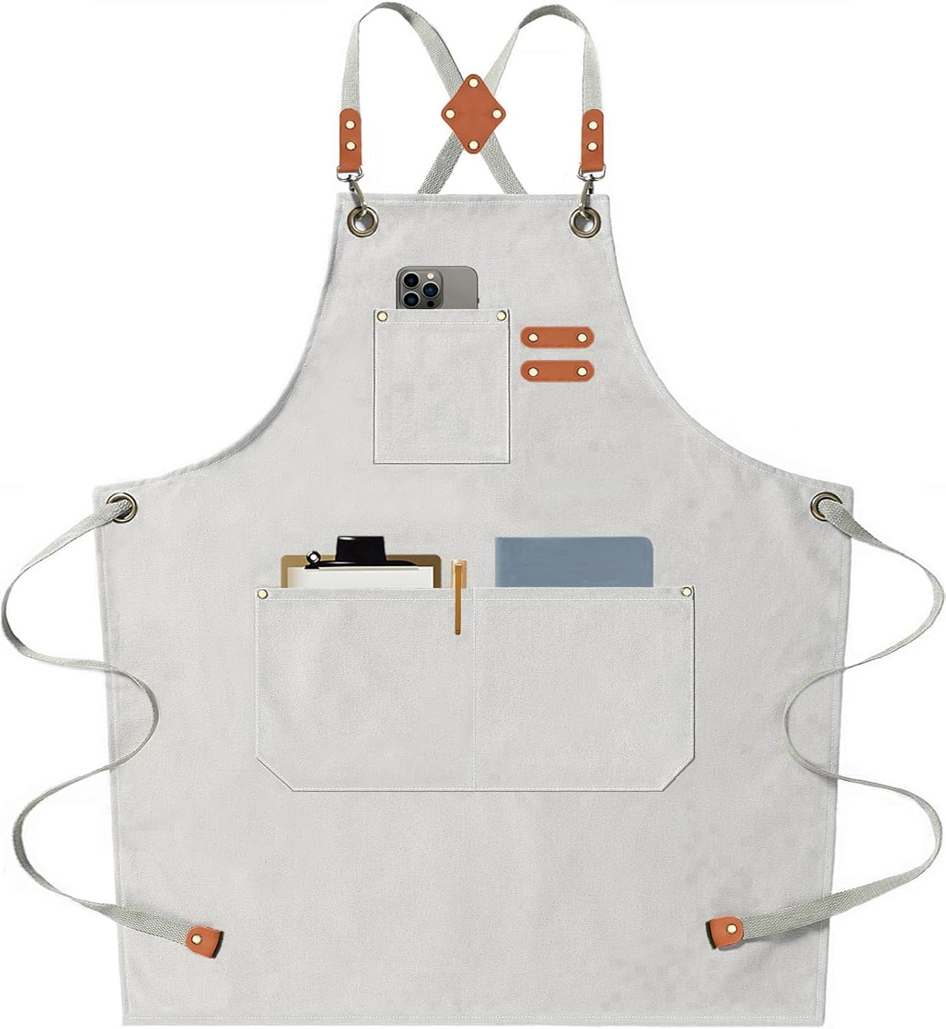 Chef Aprons for Men Women with Large Pockets, Cotton Canvas Cross Back Heavy Duty Adjustable Work Apron, Size M to XXL (Beige)