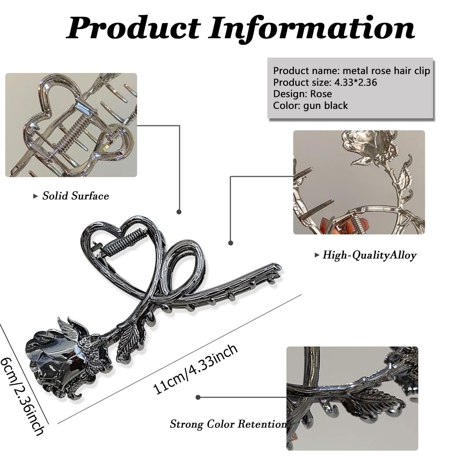 Rose Metal Hair Claw Clips, 1Pc Flower Non-Slip Hair Claw for Thin/Thick Hair - Fashionable Hair Styling Accessory for Women and Girls (Black Rose)