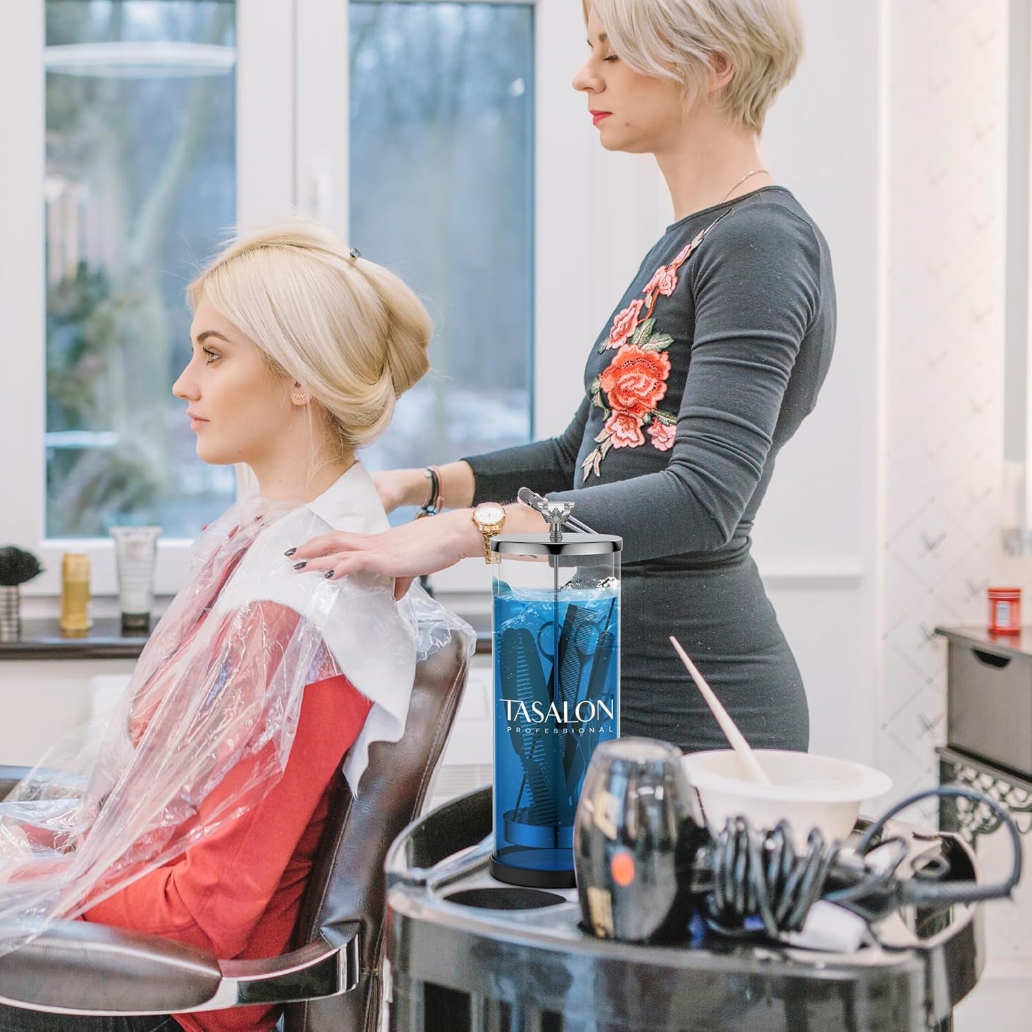 Barber Jar (45.5 Oz) with Crystal Handle - Disinfectant Jar for Salon, Spa and Manicure Shop - Durable Glass and Sterilizing Container with Removable Stainless Steel Basket - Large