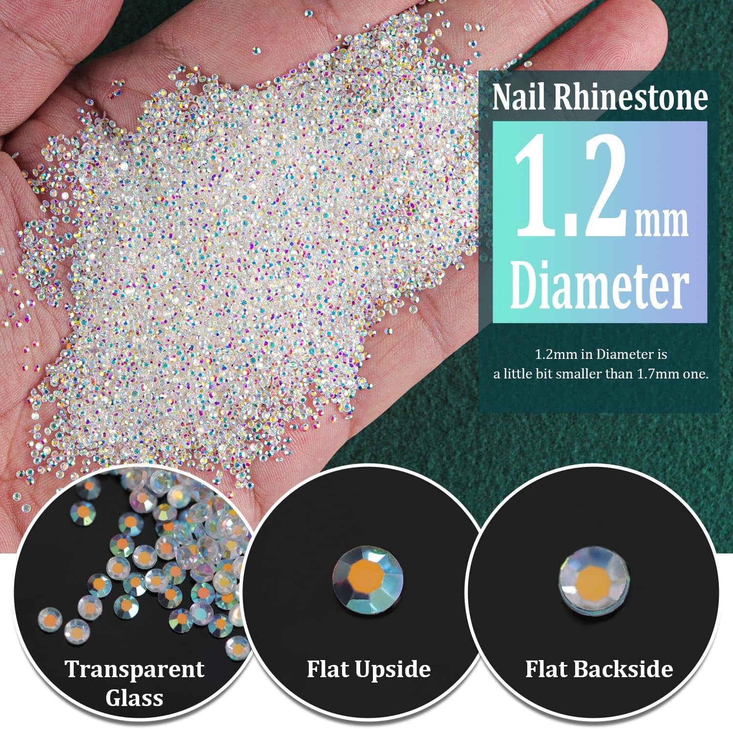 Tiny Nail Rhinestones 5000Pcs 1.2Mm Mini Pixie AB Glass Crystals for Nail Art Manicure Iridescent Long Lasting Shine Small Rhinestone Micro Dust Glitter Caviar Bead Sugar Gem