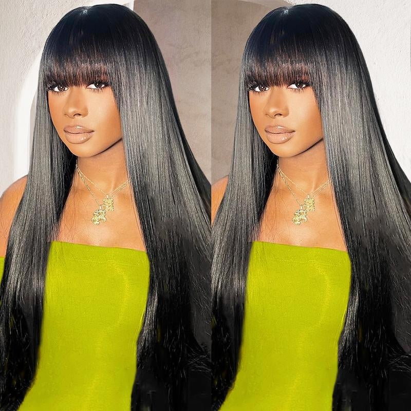 Tunfine Glueless Wig with Bangs Straight Human Hair Wigs for Women 180% Density 2X4 Lace Wigs Middle Part