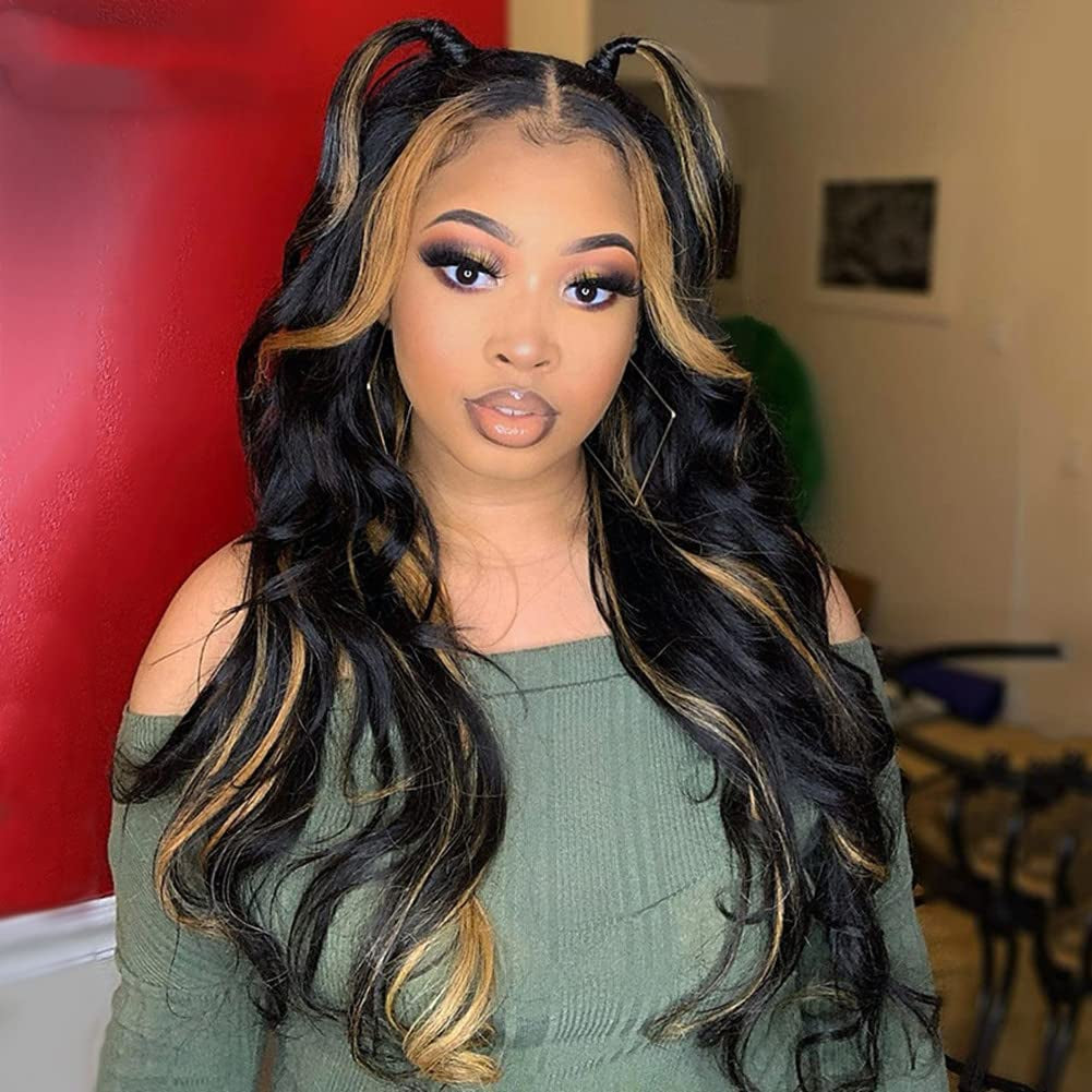 Honey Blonde Highlights Human Hair Wigs 5X5 HD Transparent Lace Closure Wigs Human Hair #27 Colored Loose Body Wave Glueless Lace Wig for Black Women Pre Plucked (14 Inch, 5X5 HD Transparent Lace Closure Wig)