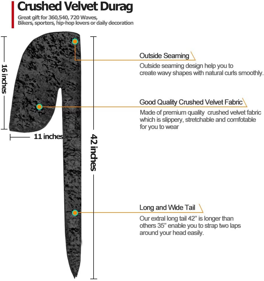 2 PCS Crushed Velvet Wave Durag – Premium Soft Durag Headwear with Extra Long Tail Perfect for 360 Waves