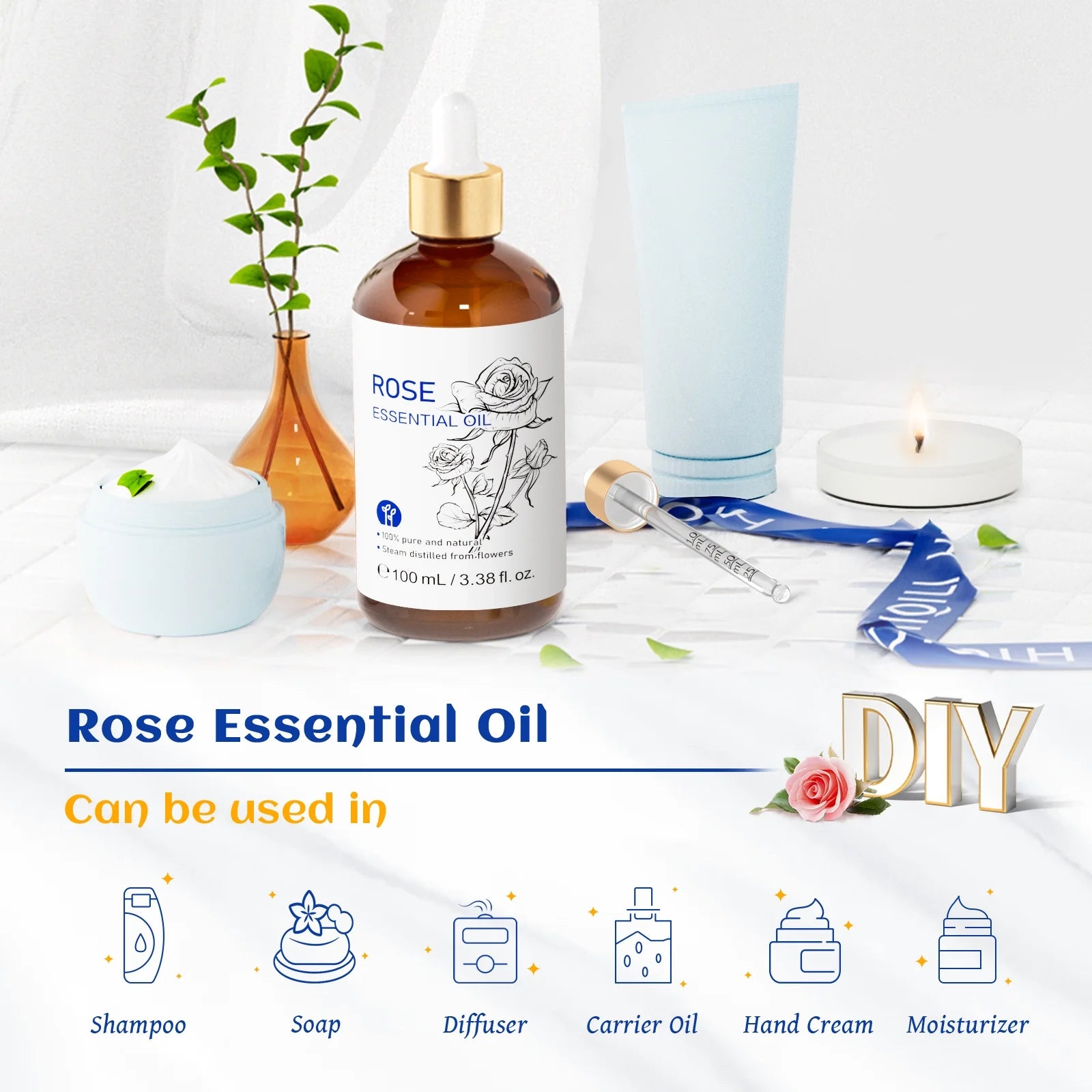 Rose Essential Oil, 100Ml Pure Rose Oil for Bath, Diffuser, Skin, Hair, Humidifier, Perfume