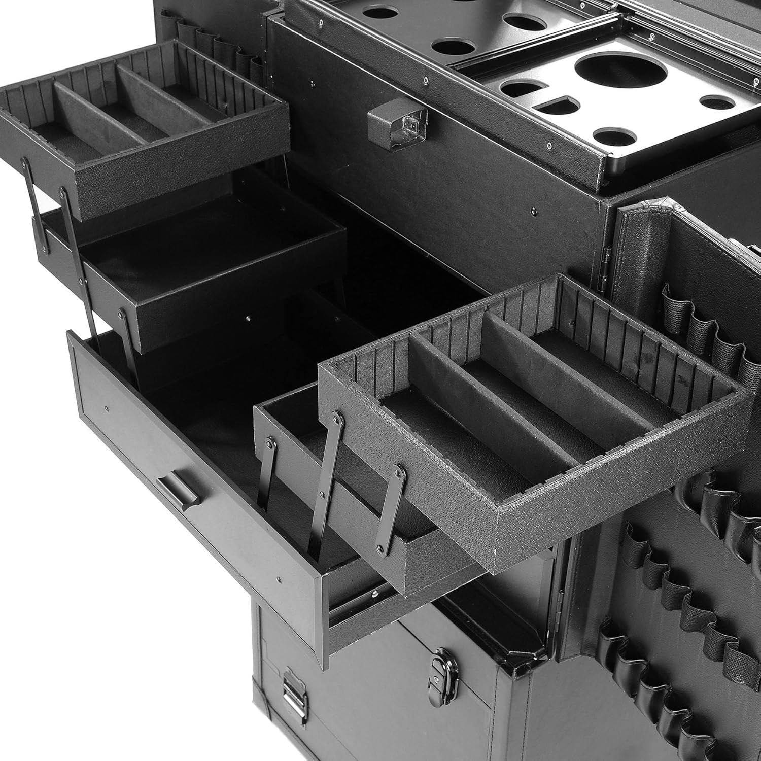 Black Rolling Makeup Case Trolley Lockable with Mirror Light Pro Large Cosmetic for Artists Hair Stylist Barber Organized