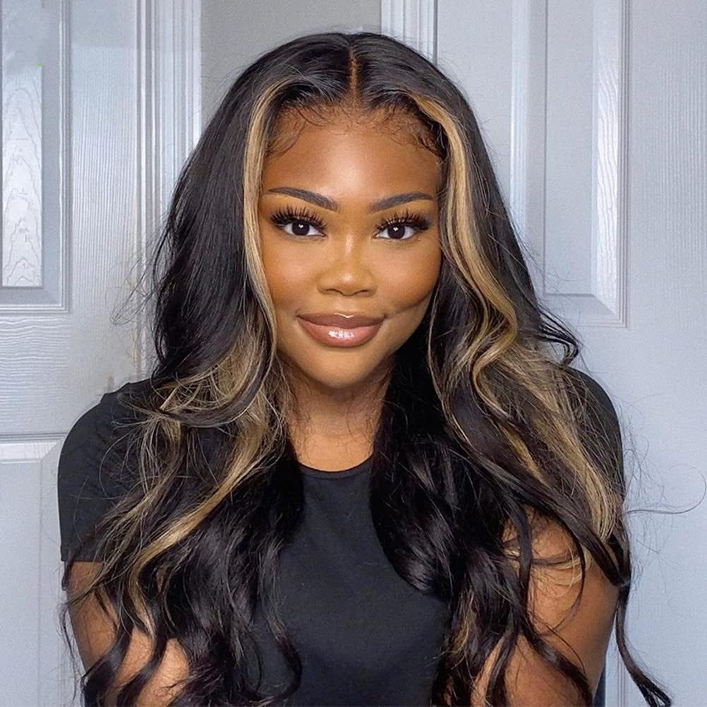 Honey Blonde Highlights Human Hair Wigs 5X5 HD Transparent Lace Closure Wigs Human Hair #27 Colored Loose Body Wave Glueless Lace Wig for Black Women Pre Plucked (14 Inch, 5X5 HD Transparent Lace Closure Wig)
