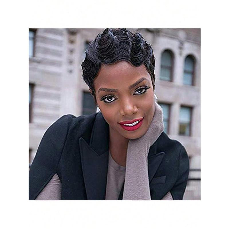 Vintage Short Finger Wave Curly Wigs Pixie Cut Wigs with Bangs