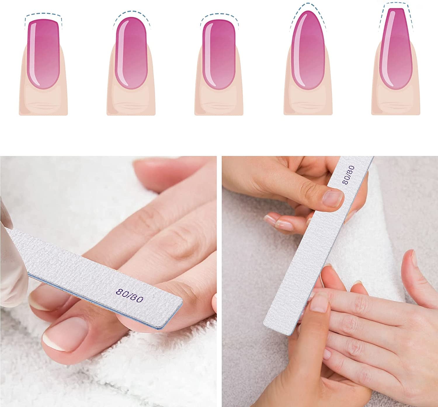 10 Count 80/80 Grit Rectangle Nail Files for Acrylic Nails, Reusable Buffering Files Double Sided Emery Boards for Nails