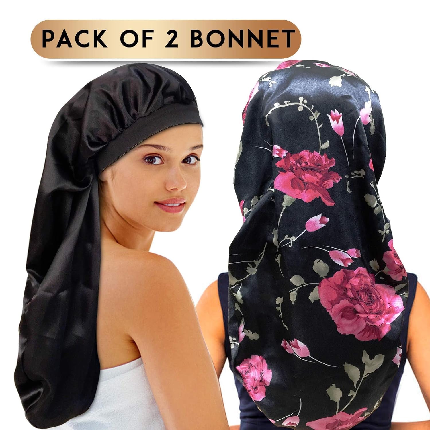 2Pcs Long Satin Bonnet Sleep Cap,Extra Large Braids Bonnets for Sleeping,Long Hair,Soft&Comfortable Elastic Band Bonnets for Women Night Sleep,Hair Bonnets for Women Satin (Black+Red Pattern)
