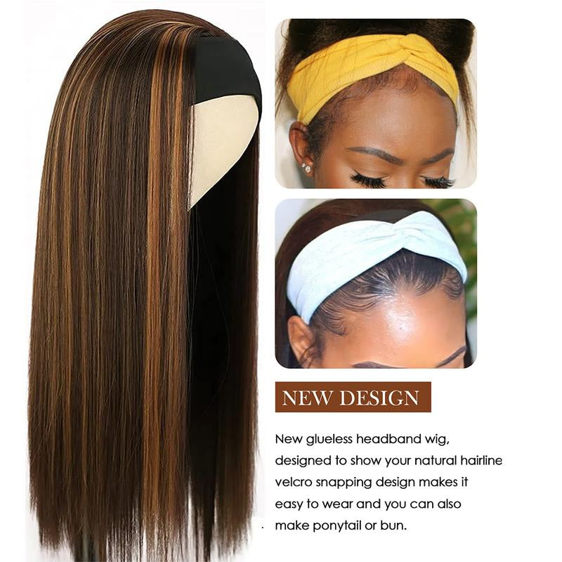 Ombre Headband Wig Synthetic Hair Straight 24Inch 4/27 Highlight Headband Wigs for Black Women Glueless None Lace Front Blonde Stnthetic Hair Headband Wigs Wigs 180% Density