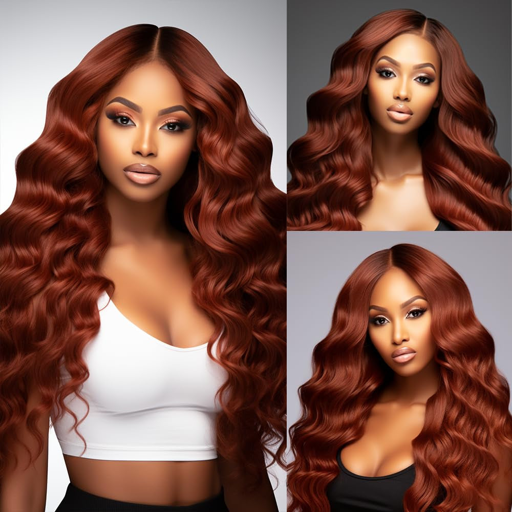 Color #33 Human Hair Body Weave Bundles Reddish Brown Body Wave Bundles Auburn Human Hair Double Weft Brazilian Remy Hair Weave Extensions Wet and Wavy Silky Soft for Black Women(26 28 30 Inch)