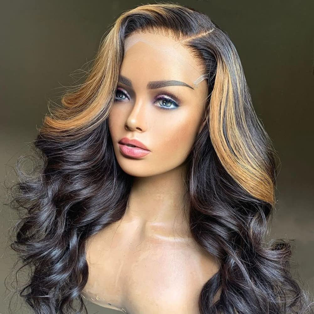 Honey Blonde Highlights Human Hair Wigs 5X5 HD Transparent Lace Closure Wigs Human Hair #27 Colored Loose Body Wave Glueless Lace Wig for Black Women Pre Plucked (14 Inch, 5X5 HD Transparent Lace Closure Wig)