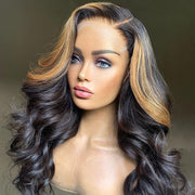 Honey Blonde Highlights Human Hair Wigs 5X5 HD Transparent Lace Closure Wigs Human Hair #27 Colored Loose Body Wave Glueless Lace Wig for Black Women Pre Plucked (14 Inch, 5X5 HD Transparent Lace Closure Wig)
