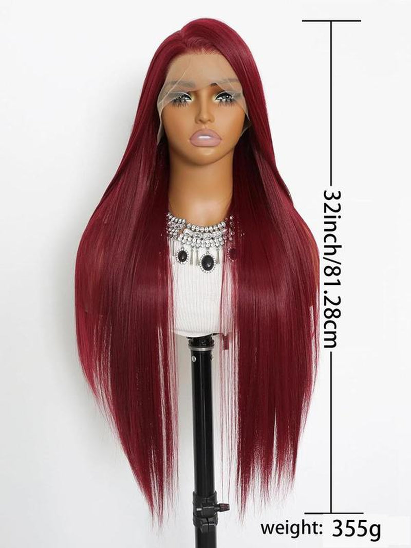 32 Inch Burgundy Long Straight Wigs for Women, Gorgeous Fluffy Wigs without Bangs, Synthetic Lace Front Wigs for Party, Daily Use, Birthday Outfits 2024 Glueless Wigs