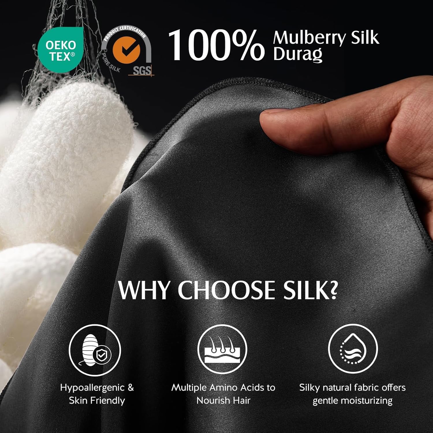 100% 22 Momme Mulberry Silk Durags for Men Women, Extra Long Strap Silky Durag,