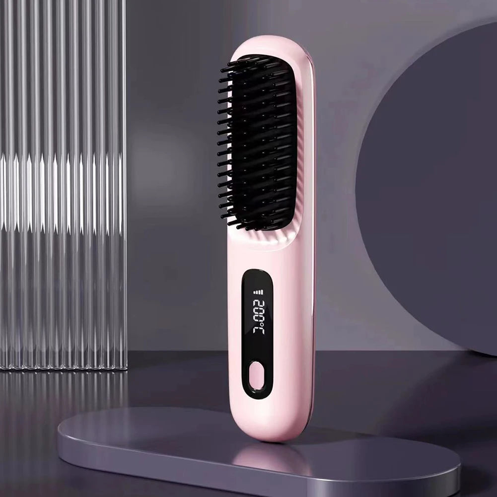 Hair Straightener Brush USB Rechargeable Cordless Negative Ions Hot Brush Electric Fluffy Curly Hair Styling Detangling Comb