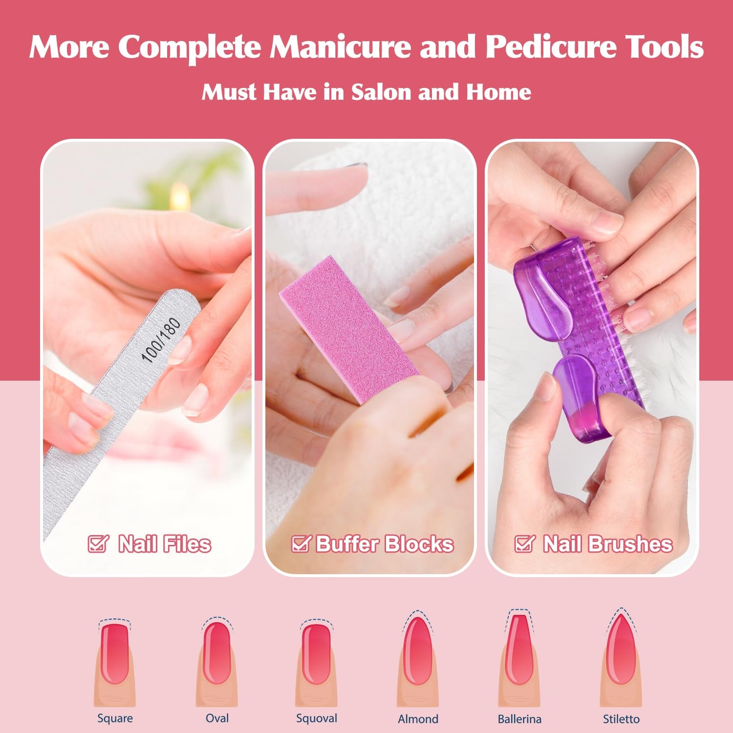 Nail Files and Buffers, Natural and Acrylic Nail Care Kit, 6 Pcs 100/180 Grit File, 6 Pcs Rectangular Buffer Blocks and 2 Brushes