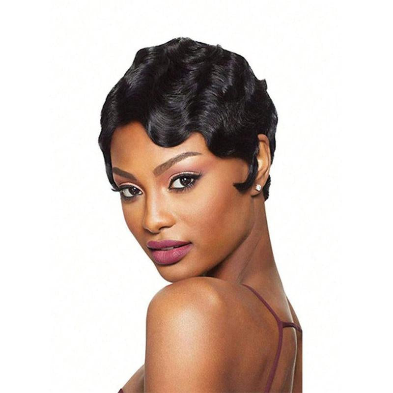 Vintage Short Finger Wave Curly Wigs Pixie Cut Wigs with Bangs