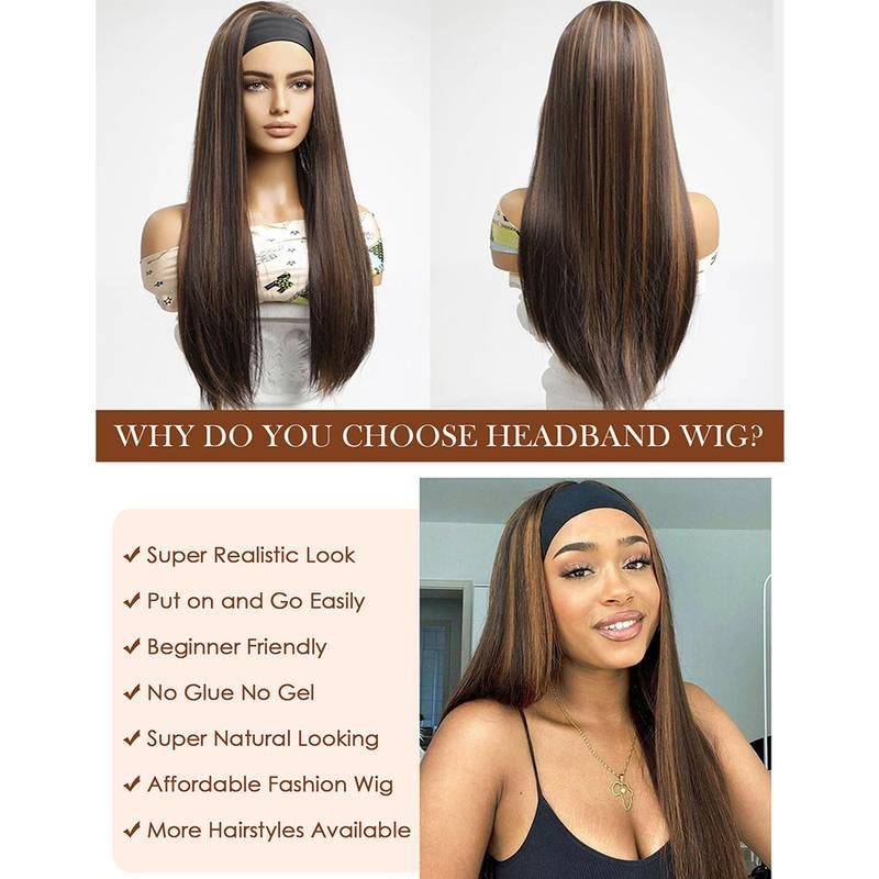 Ombre Headband Wig Synthetic Hair Straight 24Inch 4/27 Highlight Headband Wigs for Black Women Glueless None Lace Front Blonde Stnthetic Hair Headband Wigs Wigs 180% Density