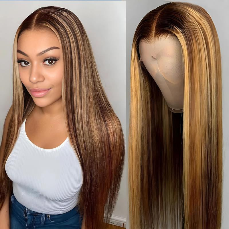 LEMO BEAUTY 13X4 HD Transparent 4/27 Human Hair Lace Front Wigs 180 Density Highlight Straight Lace Front Wigs Human Hair Pre Plucked Ombre Honey Blonde Balayage Color 24 Inch