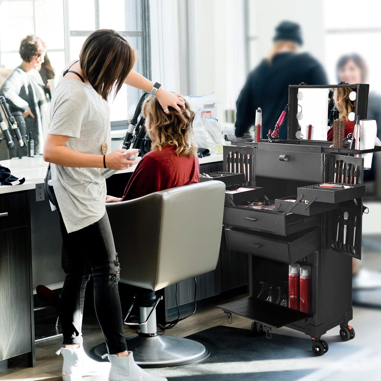 Black Rolling Makeup Case Trolley Lockable with Mirror Light Pro Large Cosmetic for Artists Hair Stylist Barber Organized
