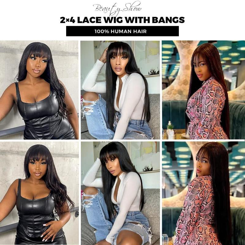Tunfine Glueless Wig with Bangs Straight Human Hair Wigs for Women 180% Density 2X4 Lace Wigs Middle Part