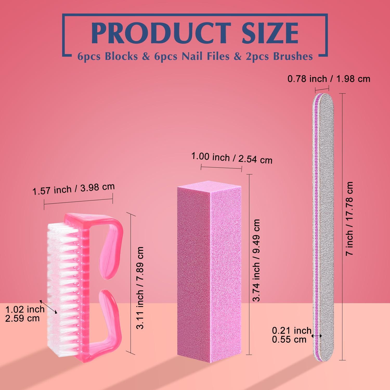 Nail Files and Buffers, Natural and Acrylic Nail Care Kit, 6 Pcs 100/180 Grit File, 6 Pcs Rectangular Buffer Blocks and 2 Brushes