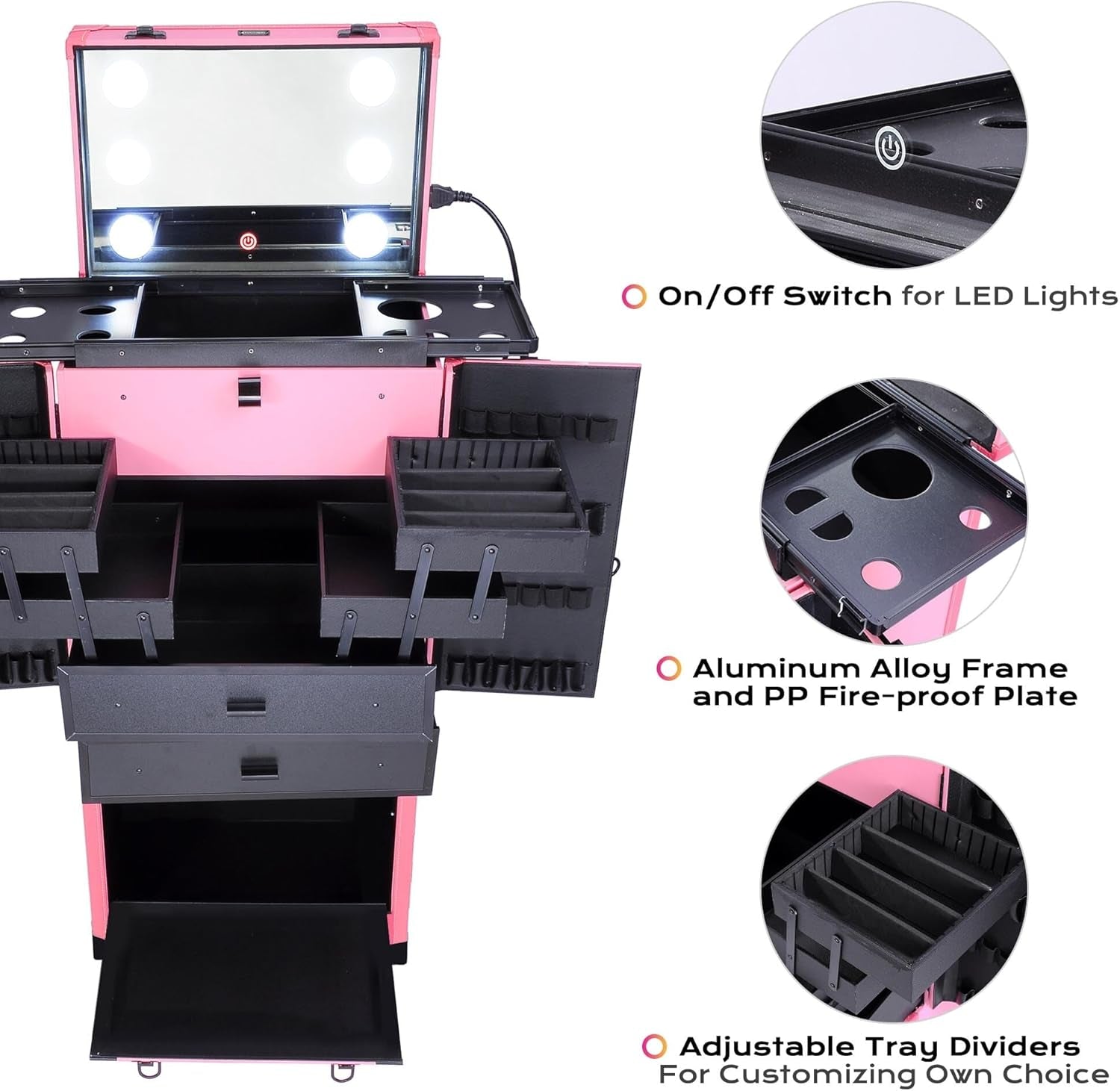 BYOOTIQUE Pink Rolling Makeup Case with Mirror Light Pro Large Cosmetic Artists Hair Stylist Barber Organized Trolley Lockable