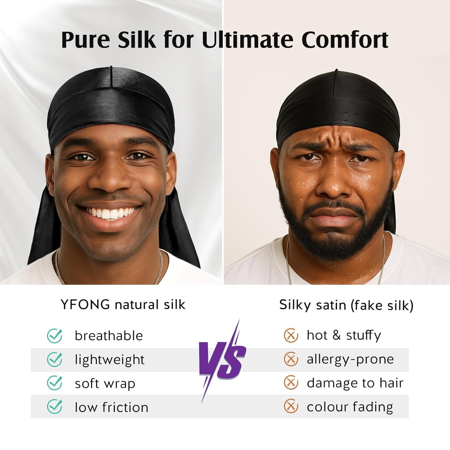 100% 22 Momme Mulberry Silk Durags for Men Women, Extra Long Strap Silky Durag,