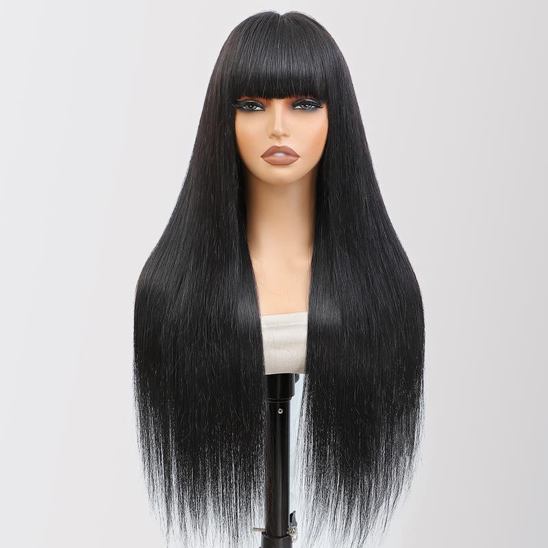 Tunfine Glueless Wig with Bangs Straight Human Hair Wigs for Women 180% Density 2X4 Lace Wigs Middle Part
