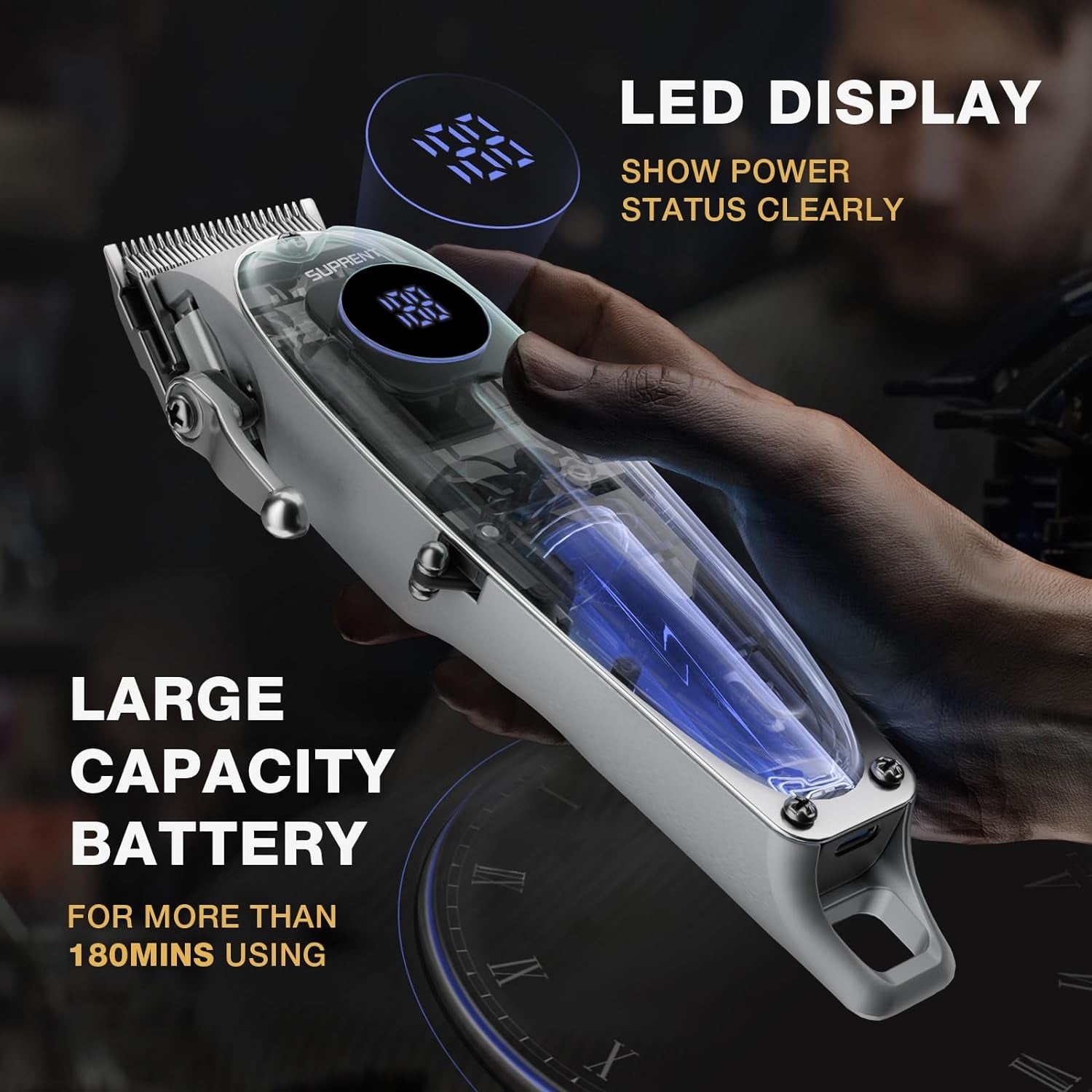 Professional Rechargeable Hair Clipper-Hair Clippers for Men, Cordless Hair Cutting Kit with LED Display (Silver)