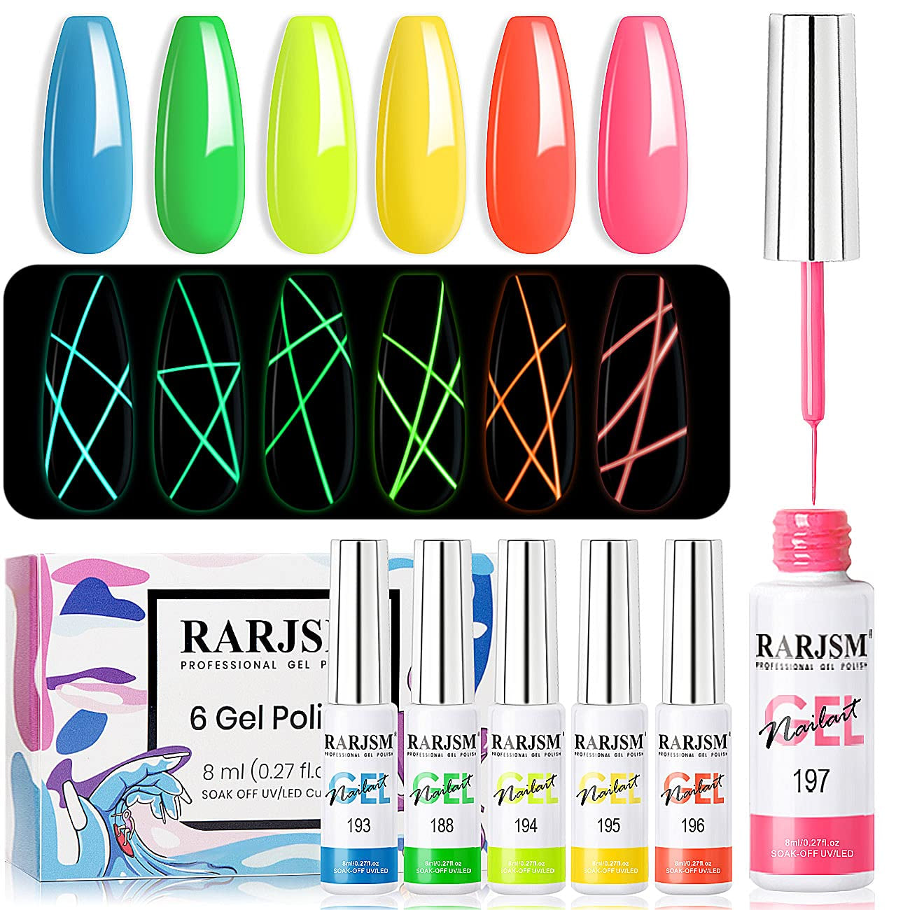 Gel Nail Art Polish, Glow in the Dark Gel Liner Art Set Luminous Painting Gelpolish for Nailart Fluorescent Bright Colors Hot Pink Neon Yellow Green Blue Orange Nail Kit for Christmas