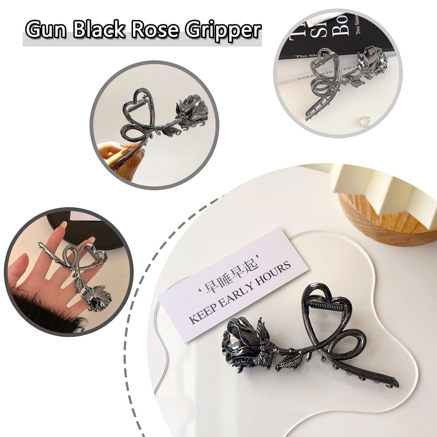Rose Metal Hair Claw Clips, 1Pc Flower Non-Slip Hair Claw for Thin/Thick Hair - Fashionable Hair Styling Accessory for Women and Girls (Black Rose)