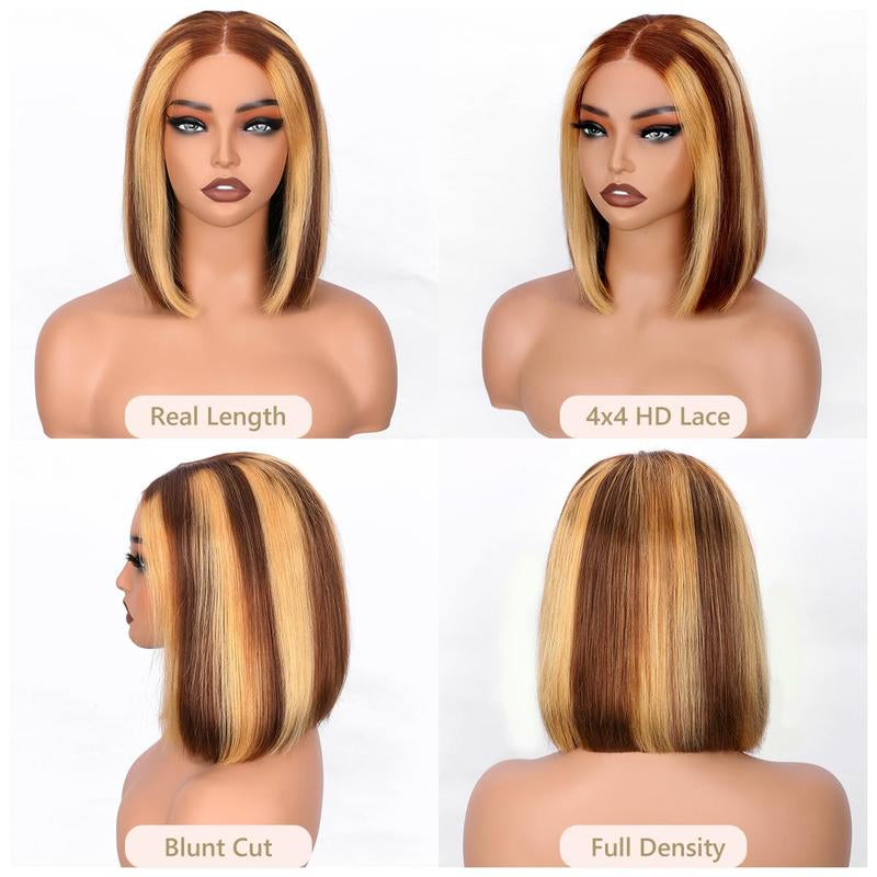 Wear and Go Glueless Bob Wig Human Hair 4/27 Ombre Highlight Bob Wig Human Hair Glueless 4X4 HD Lace Closure Glueless Wigs Human Hair Pre Plucked 180% Density Short Straight Blonde Bob Wigs for Women