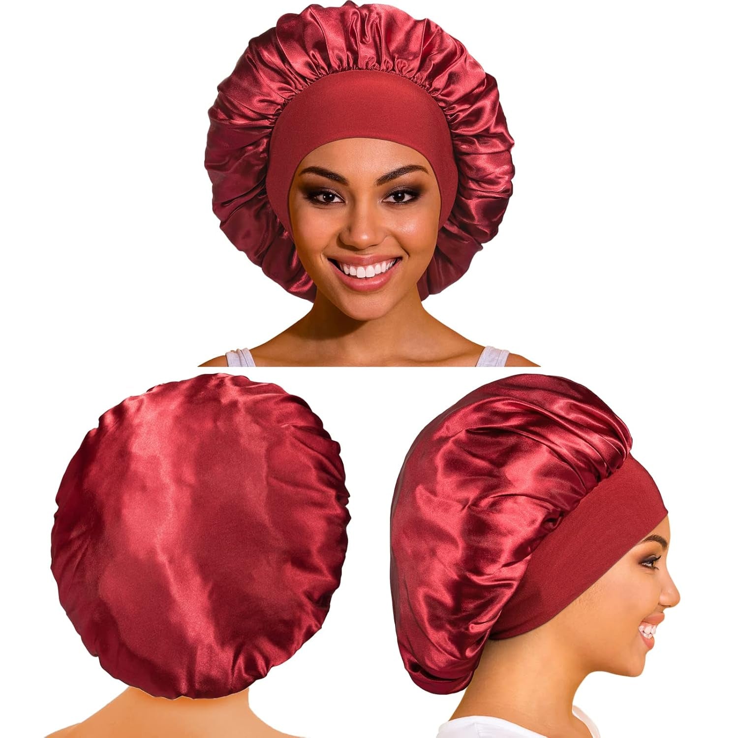 3 Pack Satin Bonnet Silk Hair Bonnet for Sleeping, Sleep Bonnets for Women Large Wide Soft Band Sleep Cap for Curly Hair Braids