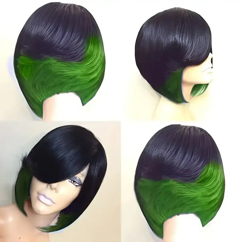 10in Chic Black & Green Curly Wig