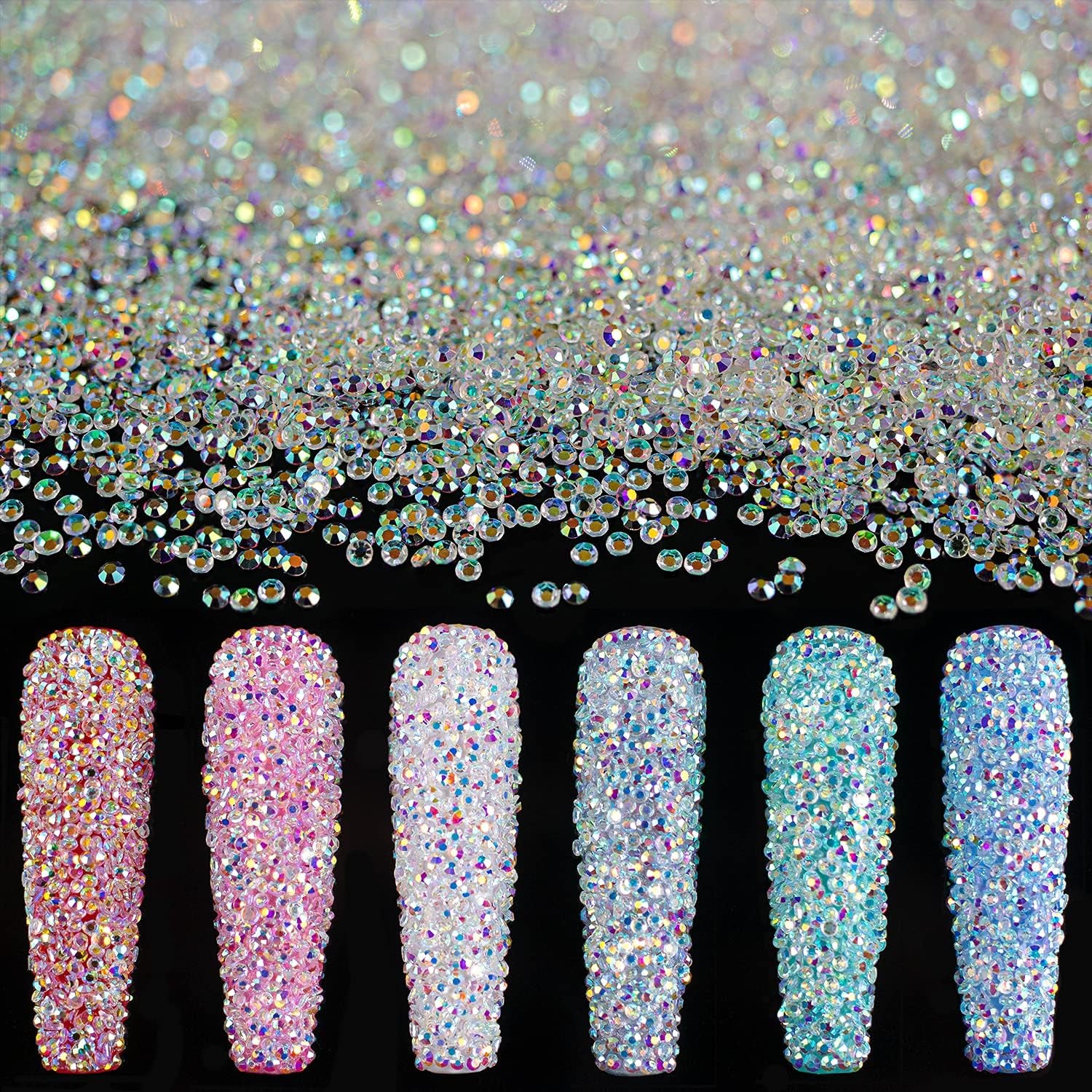 Tiny Nail Rhinestones 5000Pcs 1.2Mm Mini Pixie AB Glass Crystals for Nail Art Manicure Iridescent Long Lasting Shine Small Rhinestone Micro Dust Glitter Caviar Bead Sugar Gem