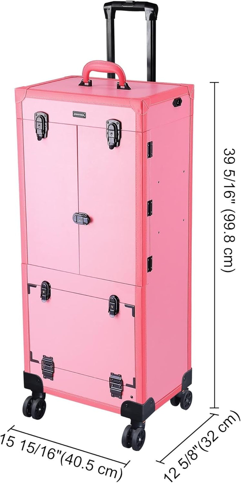 BYOOTIQUE Pink Rolling Makeup Case with Mirror Light Pro Large Cosmetic Artists Hair Stylist Barber Organized Trolley Lockable