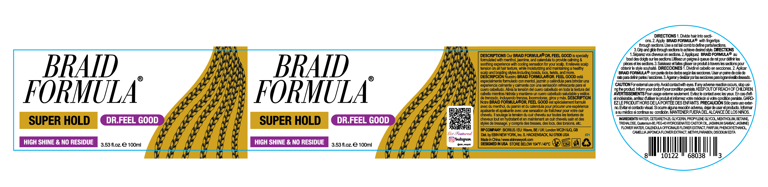Braid Formula Dr. Feel Good Super Hold, 3.53Fl. Oz. | Menthol Infused to Give Cooling Sensation, Smoothing with High Shine, Long Lasting Hold, Great for Braids, Locks, Twists, No Residue