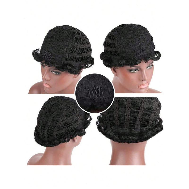 Vintage Short Finger Wave Curly Wigs Pixie Cut Wigs with Bangs