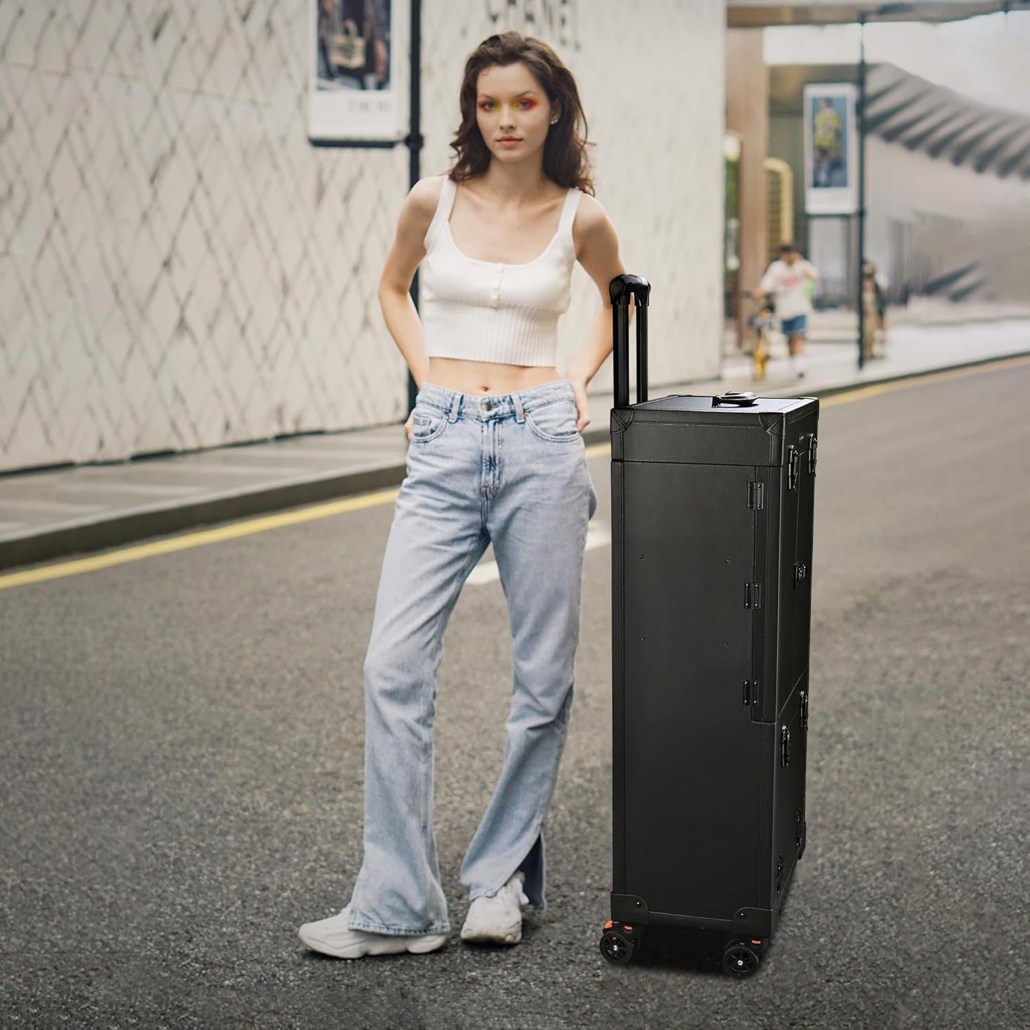 Black Rolling Makeup Case Trolley Lockable with Mirror Light Pro Large Cosmetic for Artists Hair Stylist Barber Organized