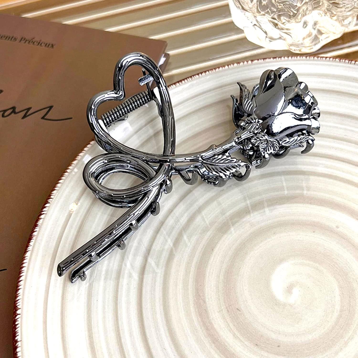 Rose Metal Hair Claw Clips, 1Pc Flower Non-Slip Hair Claw for Thin/Thick Hair - Fashionable Hair Styling Accessory for Women and Girls (Black Rose)