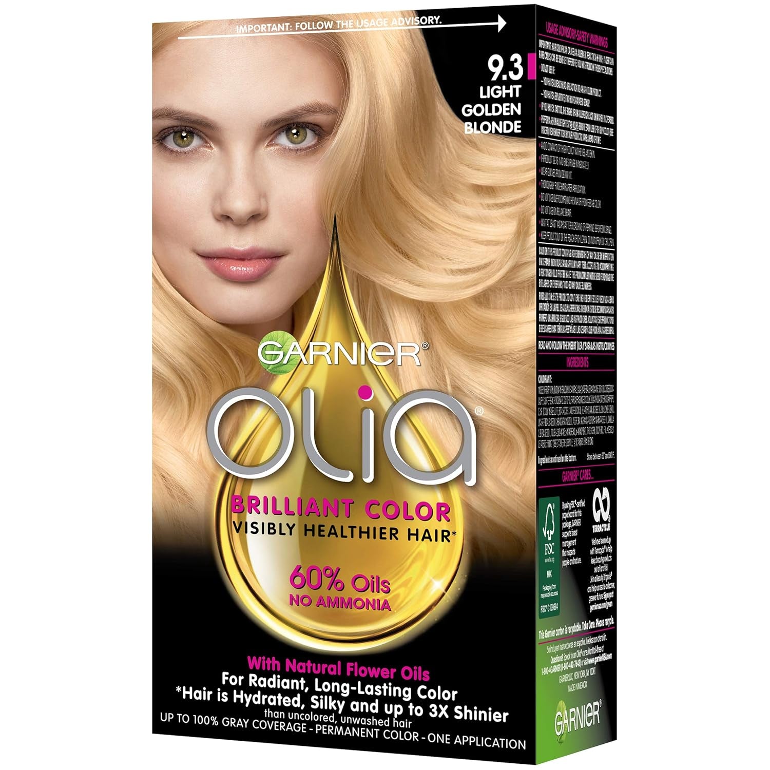 Olia Ammonia-Free Brilliant Color Oil-Rich Permanent Hair Color, 9.3 Light Golden Blonde (1 Kit) Blonde Hair Dye (Packaging May Vary)
