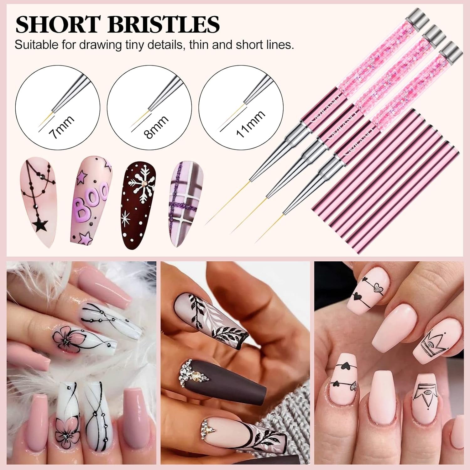 6Pcs Nail Art Liner Brushes Set: Nail Brush Gel Polish Painting Nail Art Design Brushes Pen with Crushed Diamond Rhinestone Handle for Pulling Lines,Sizes 7/9/11/13/17/23 Mm