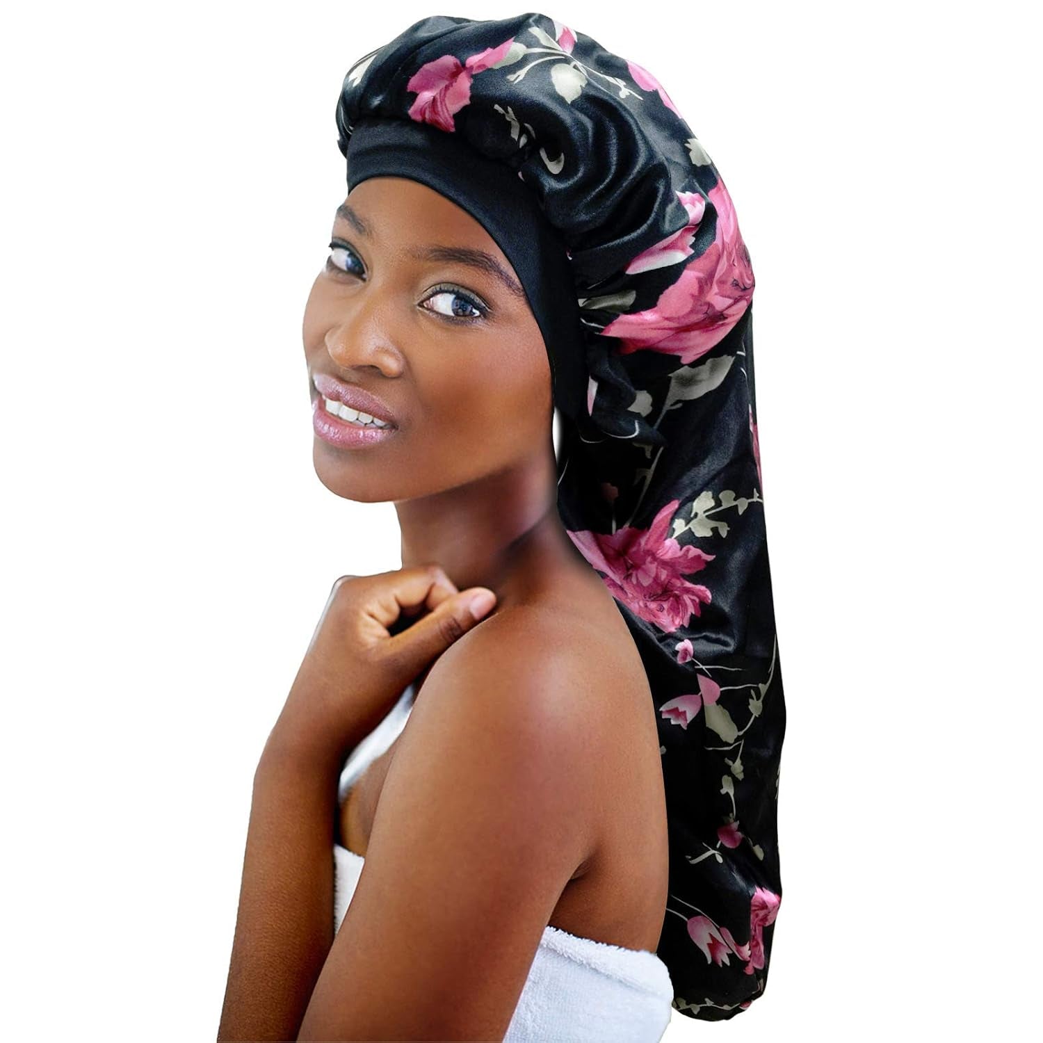 2Pcs Long Satin Bonnet Sleep Cap,Extra Large Braids Bonnets for Sleeping,Long Hair,Soft&Comfortable Elastic Band Bonnets for Women Night Sleep,Hair Bonnets for Women Satin (Black+Red Pattern)