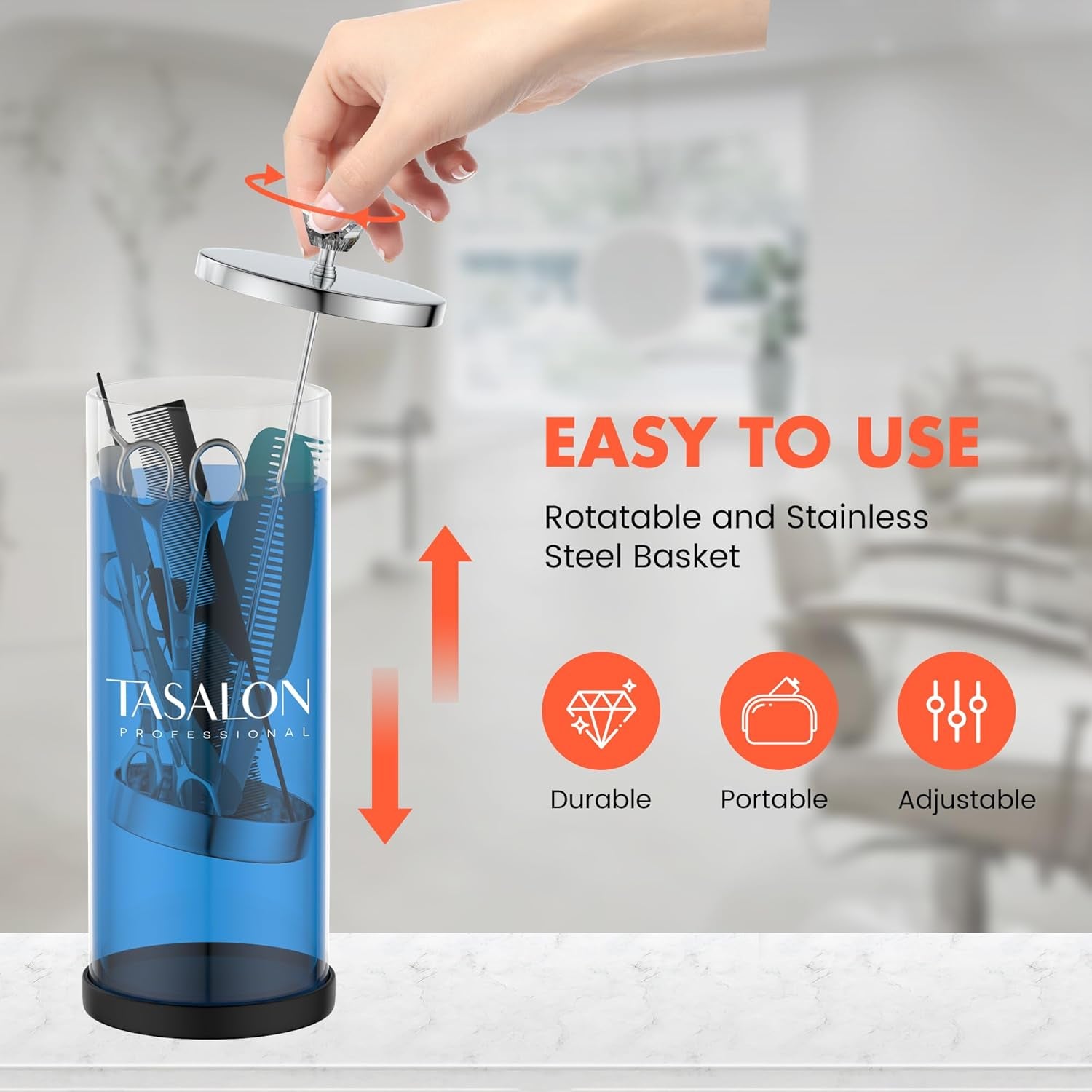 Barber Jar (45.5 Oz) with Crystal Handle - Disinfectant Jar for Salon, Spa and Manicure Shop - Durable Glass and Sterilizing Container with Removable Stainless Steel Basket - Large