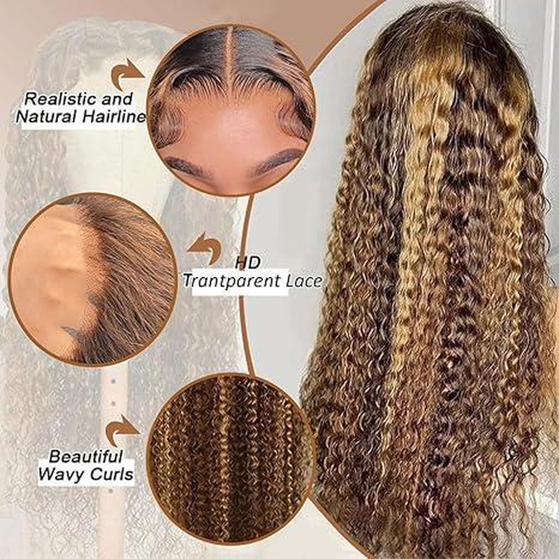 Beluck Hair 6X13 Glueless Deep Wave Wigs 300% Density Human Hair with Drawstring Curly Wave Wigs Closure Wigs 4/27 Pre Plucked Pre Cut Pre Bleached Wear and Go Wigs Outdoorfun Party Vacation Wigs