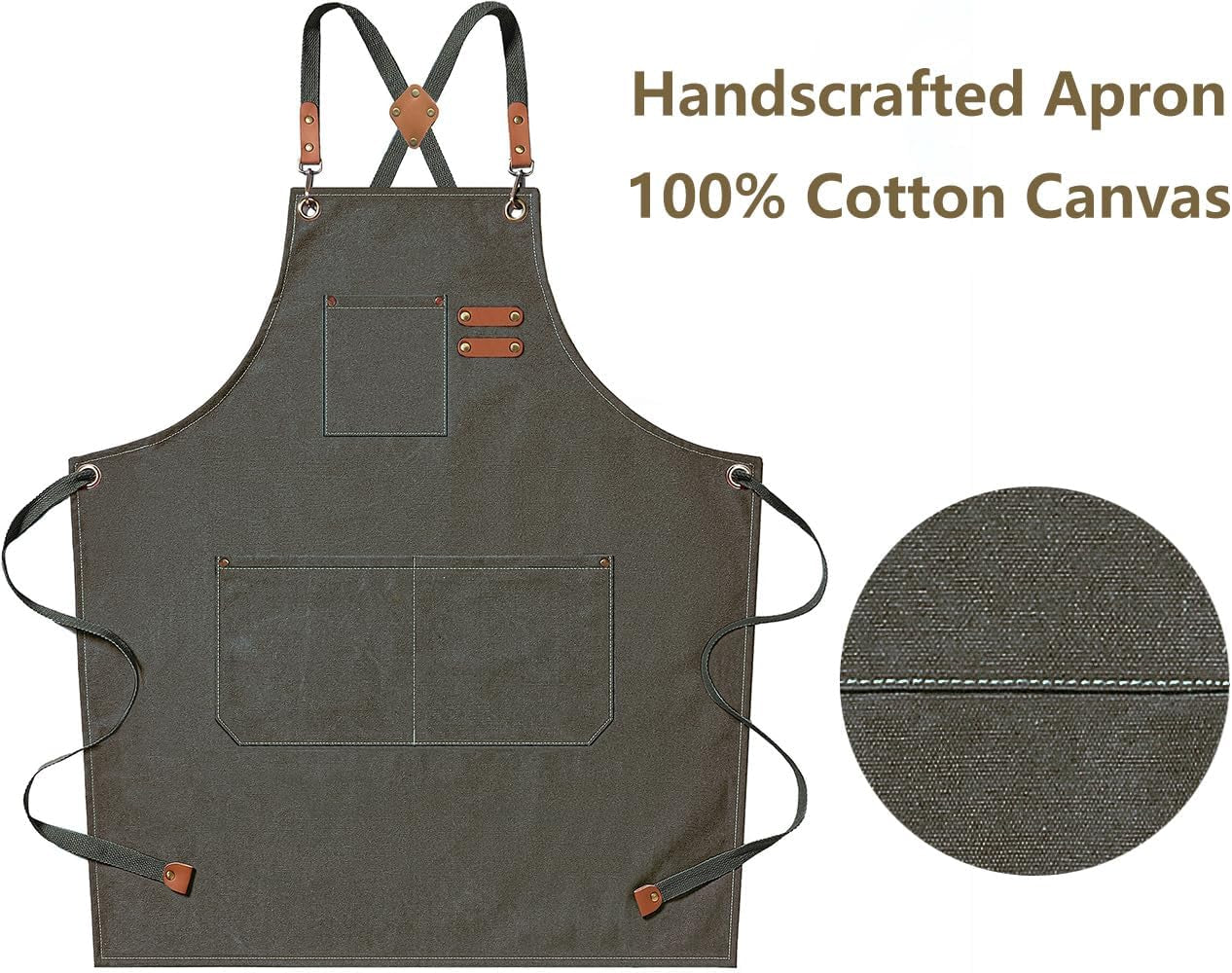 Chef Aprons for Men Women with Large Pockets, Cotton Canvas Cross Back Heavy Duty Adjustable Work Apron, Size M to XXL (Greygreen)