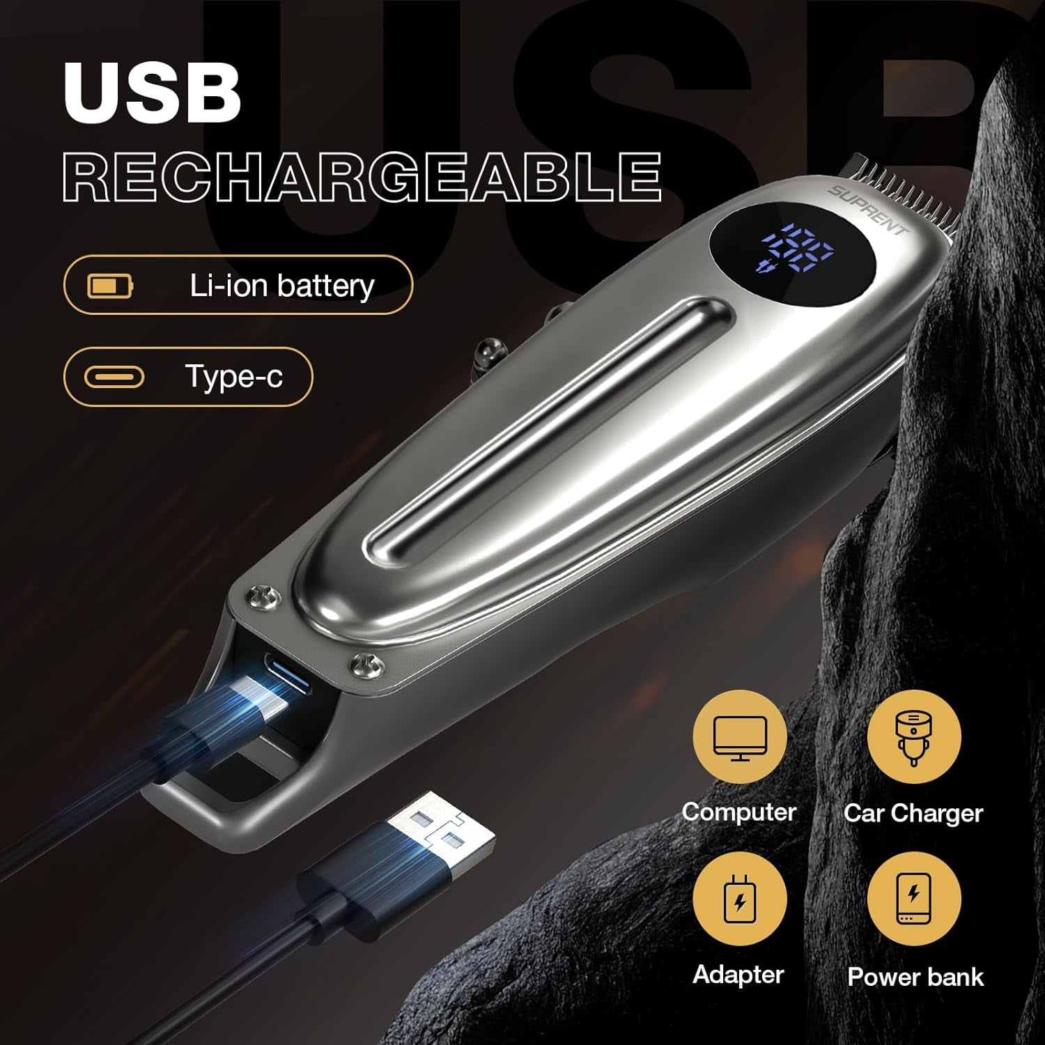 Professional Rechargeable Hair Clipper-Hair Clippers for Men, Cordless Hair Cutting Kit with LED Display (Silver)